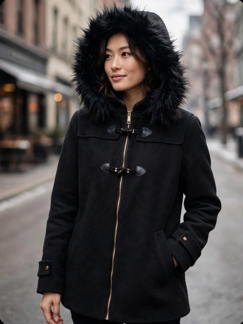Nine West Black Faux-Fur Hood Toggle Pea Coat PTP 24” L 29”